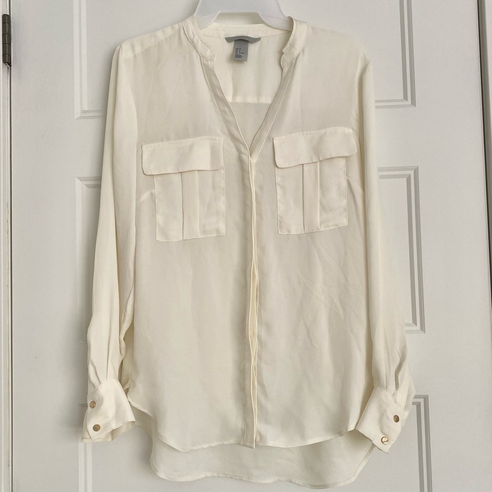 Silky Off-White Smart Blouse with Gold Button Detailing Size 6